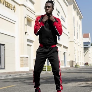 Ensemble de jogging deux pièces pour homme, noir et rouge, à manches longues, col montant zippé, style sportif, couleur unie, respirant, pour l'automne - Product Image 3
