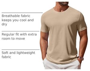 เสื้อยืดคอกลมแขนสั้นผู้ชายสีเบจทรงสลิมฟิตลำลองสีทึบ - Product Image 5