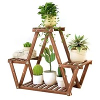 Support à plantes à plusieurs niveaux en bois, motif carré minimaliste moderne, avec plantes vertes et pots de fleurs pour usage intérieur