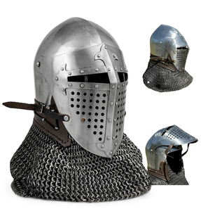 Casco de Caballero Medieval Antiguo con Cota de Malla de Acero Suave, Armadura Hecha a Mano, Correa de Cuero Ajustable, para Fiestas de Recreación Histórica - Product Image 1