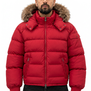 Men's Red Hooded Puffer Jacket <b>Fur</b> <b>Trim</b> Cotton Filled Windproof Zipper Closure Casual Winter Coat Worsted Fabric Streetwear - Product Image 4