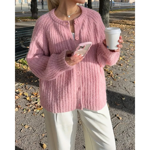Cárdigan Corto de Punto Rosa para Mujer, Suéter de Manga Larga con Cuello Redondo y Botones al Frente, Ropa Casual de Otoño, 100% Acrílico, Hecho a Mano - Product Image 5