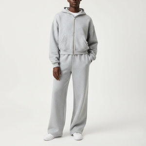 Conjunto de Sudadera con Capucha y Cremallera Completa en Gris Jaspeado Hecho a Medida y Pantalones Deportivos de Pierna Ancha, Chándal de Felpa de Mezcla de Algodón Premium, Corte Relajado - Product Image 5