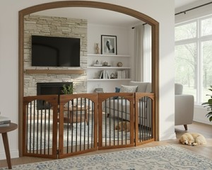 ประตูสัตว์เลี้ยงทำจากไม้ทันสมัยพร้อมยอดโค้ง | รั้วกั้นสุนัขพับได้กว้างเป็นพิเศษสำหรับบันไดและประตู - Product Image 2