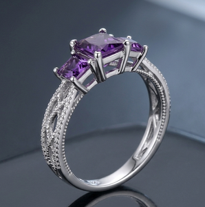 Bague en argent 925 avec trois pierres ovales violettes, bande florale en pierres précieuses, pour cadeau de mariage, à porter au quotidien - Product Image 3