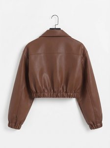 <b>Women's</b> Cropped Sheep Skin Leather <b>Jacket</b> <b>Cargo</b> Pocket Bomber Style Zip up Coat Brown & Black Winter Windproof - Product Image 3