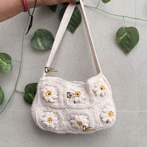 Bolso de Ganchillo Hecho a Mano para Playa, Bolsa de Hombro Cuadrada con Cierre a Presión Blanco, Estilo Bohemio, Estilo Vintage, Novedad - Product Image 1