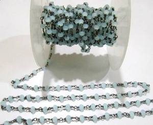 Aqua Chalcedony Rondelle Faceted Size 3-4mm Hydro Quartz Beaded Wire Wrapped <b>Rosary</b> Chain - Product Image 2