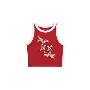 Camiseta sin Mangas Roja con Bordado Floral Blanco, Cuello Redondo, Tiras Blancas, Estilo Casual Primavera/Verano, Transpirable, para Mujer - Product Image 1