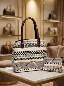 Conjunto de Bolsos de Mano Tejidos Antirrobo en Blanco y Negro para Mujer, Bolso de Gran Capacidad con Bolsillo con Cremallera - Product Image 2