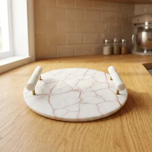Plateau de service rond en marbre avec poignées blanches, design minimaliste pour la vaisselle de table à la maison - Product Image 6