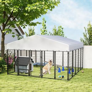 Recinto per Cani da Esterno 3x3x1,8m con Copertura Girevole a 360 Gradi, Impermeabile e Resistente ai Raggi UV, con Ciotole e Mangiatoie per Animali Domestici - Product Image 2
