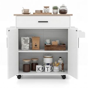 Carrello da Cucina Rotante in Marmo e Legno da 105 cm, Bianco, con Cassetto Portaoggetti, Armadietto, Porta Spezie e Portasciugamani - Product Image 3
