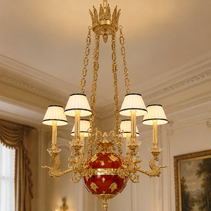 Lámpara de Araña de Lujo en Oro Rojo con Diseño de Cadena de Corona y Pantallas Blancas para Decoración Interior Clásica de Villas y Hoteles - Product Image 2