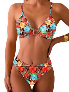 Conjunto de Bikini de 2 Piezas para Mujer, Top con Tirantes Anchos, Diseño Sexy, Estampado Floral, Cuello en V, Espalda con Lazos, Braguita de Talle Bajo - Product Image 1