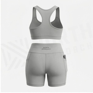 North Approach 2 Piece Yoga Set Racerback Crop <b>Top</b> High Waist Shorts With Pockets <b>Sweat</b> Wicking Breathable Sportswear - Product Image 2