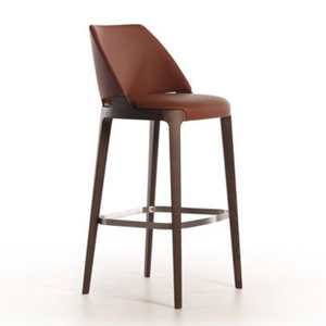 Tabouret de bar minimaliste en teck avec coussin en cuir - Product Image 1