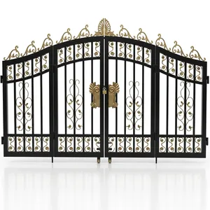 Portail double battant élégant en fer noir avec ornements dorés et motifs floraux pour entrée de villa - Product Image 4