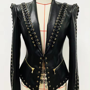 Chaqueta de Motociclista de Cuero Sintético Negro para Mujer, con Cuello Abotonado, Cierre de Cremallera, Bolsillos y Protección Contra el Viento - Product Image 1
