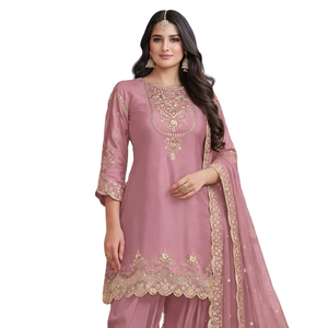 ชุดสัลวาร์ คามีซ คุรตา/คุรตี ปักลายผ้าจอร์เจตต์เทียม สีชมพู ความยาวระดับเข่า ทรงปกติ ดีไซน์หรูหราสำหรับผู้หญิง - Product Image 1