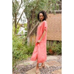 Coral Embroidered Organza Floral Print Breathable V-neck <b>Kaftan</b> Dress Boho <b>Beach</b> Cover up Loose Fit Resort Wear Summer Maxi - Product Image 1