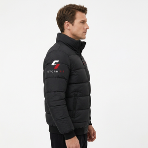 Customized Men's Winter Black Puffer <b>Jacket</b> Stand Collar Zipper Closure Windproof Casual Solid Color 100% Polyester - Product Image 5