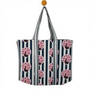 Eco Friendly Quilted Cotton <b>Tote</b> <b>Bag</b> <b>Blue</b> Stripe Floral Print Large Capacity Reusable Shopping Travel Beach Handbag - Product Image 2