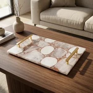 Plateau de service rectangulaire en céramique avec motif marbre agate, poignées dorées, design minimaliste, plat décoratif - Product Image 3