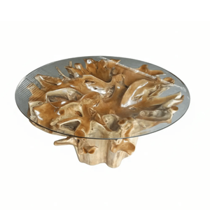 Luxury Handmade Eco-Friendly <b>Rustic</b> Solid Teak Root <b>Coffee</b> <b>Table</b> Tempered Glass Top Natural Tree Root Base Living Room Furniture - Product Image 2