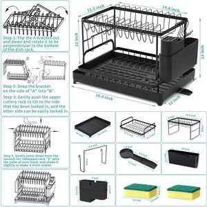 Scolapiatti da cucina grande a 2 piani in acciaio inossidabile per utensili, coltelli, tazze e posate - Product Image 3
