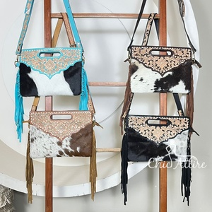 2026 New Design Hair On Cowhide Leather Fringe Handbag Hand Tooled Leather <b>Top</b> Handle Crossbody Purse Shoulder Bag for Women's - Product Image 1