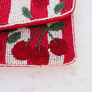 Handmade Red Cherry Beaded Clutch Purse Rectangular Cotton Embroidered Evening Bag - Product Image 5