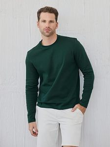 T-shirt à manches longues pour homme, vert foncé, col rond, coupe classique, décontracté, en coton tricoté respirant, haut uni de haute qualité - Product Image 3