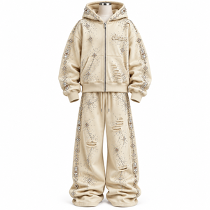 NOUVEAU Ensemble de survêtement unisexe bordeaux avec fermeture éclair, strass et polaire respirant, comprenant un sweat à capuche et un pantalon de survêtement oversize effet usé, style Hip Hop - Product Image 5