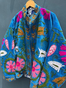 Blue Velvet Suzani Hand Embroidered Jacket for Women Vintage Boho Chic <b>Quilted</b> Winter Coat Embroidery Bomber Jacket - Product Image 6