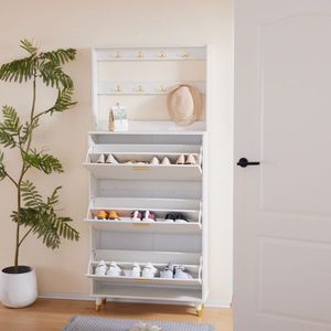 White Entryway Bedroom Armoire with Hanging Rod Shoe Cabinet and Wardrobe Closet Drawers and Shelves Handles - Product Image 5