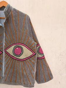 Bohemian Grey <b>Velvet</b> Embroidered Suzani <b>Jacket</b> with Evil Eye Pattern Full Sleeve Stand Collar Handmade Winter Outerwear - Product Image 5
