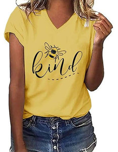 Women Crew Neck Short Sleeve <b>T</b>-<b>Shirt</b> Blue <b>Bee</b> Kind Print Casual Summer Top Cotton Jersey Regular Fit Anti-shrink Digital Printed - Product Image 6