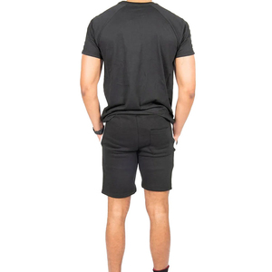Men's Black Solid Color Crew Neck T-Shirt <b>Set</b> With White Stripe Shorts Breathable <b>Knitted</b> Casual Summer Outfit - Product Image 5