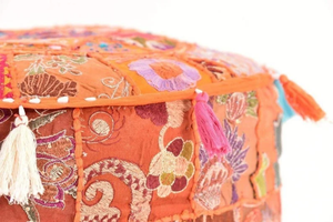 Bohemian Fabric <b>Pouf</b> Handcrafted Multi-Functional Storage Ottoman With Tassels Orange Patchwork Design Living Room Decor - Product Image 2