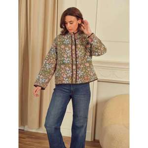 Retro Women Olive Green Suzani <b>Jacket</b> Fine Floral <b>Pattern</b> <b>Quilted</b> Casual Boho Zip Coat with Pockets - Product Image 1