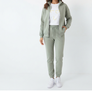 Ensemble de survêtement en molleton vert pour femmes, manches longues, à capuche, couleur unie, décontracté, sportif, respirant, séchage rapide, 2 pièces, poches, fermeture éclair - Product Image 3
