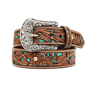 Premium Western Cowboy Leather <b>Belt</b> for Men Women Brown Floral Tooled Turquoise Inlay <b>Belt</b> with Rhinestone <b>Silver</b> <b>Buckle</b> - Product Image 1