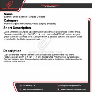 Tijeras Spencer Stitch Angled Delicate, Instrumento Quirúrgico de Acero Inoxidable, Corte de Sutura de Precisión, Equipo Médico Reutilizable - Product Image 5