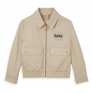 Custom Logo <b>women's</b> Cropped Bomber <b>Jacket</b> Almond Beige Faux Leather <b>Utility</b> <b>Jacket</b> with Front Flap Pockets and Contrast Piping - Product Image 1