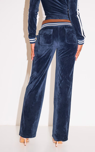 Custom Ladies Navy Velour Lounge Set Stripe Track Crop Jacket and <b>Flared</b> Wholesale Women's Hoodies & Sweatshirts Manufacturer - Product Image 5