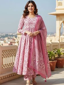 <b>Women</b> Pink Rayon Floral Printed <b>Kurta</b> Set Dupatta Knee-Length Regular Fit Traditional Ethnic Wear India Pakistan Style Quick Dry - Product Image 1