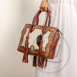 Handmade Large Cowhide Tote <b>Shoulder</b> Bag Genuine Leather with Tooling Patch Mid Hairon <b>Straps</b> Portable Feature Matching Design - Product Image 5