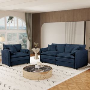 Juego de sofá de sillón Loveseat de 2 piezas con asiento profundo de lujo moderno, sofás de nube tapizados de chenilla azul, 3 almohadas para dormitorio y oficina - Product Image 1