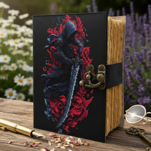 Carnet en cuir Al-Amir fait main imprimé Démon de la Récolte, couverture rigide, style gothique et fantastique, avec fermoir en laiton et bordure vintage - Product Image 6